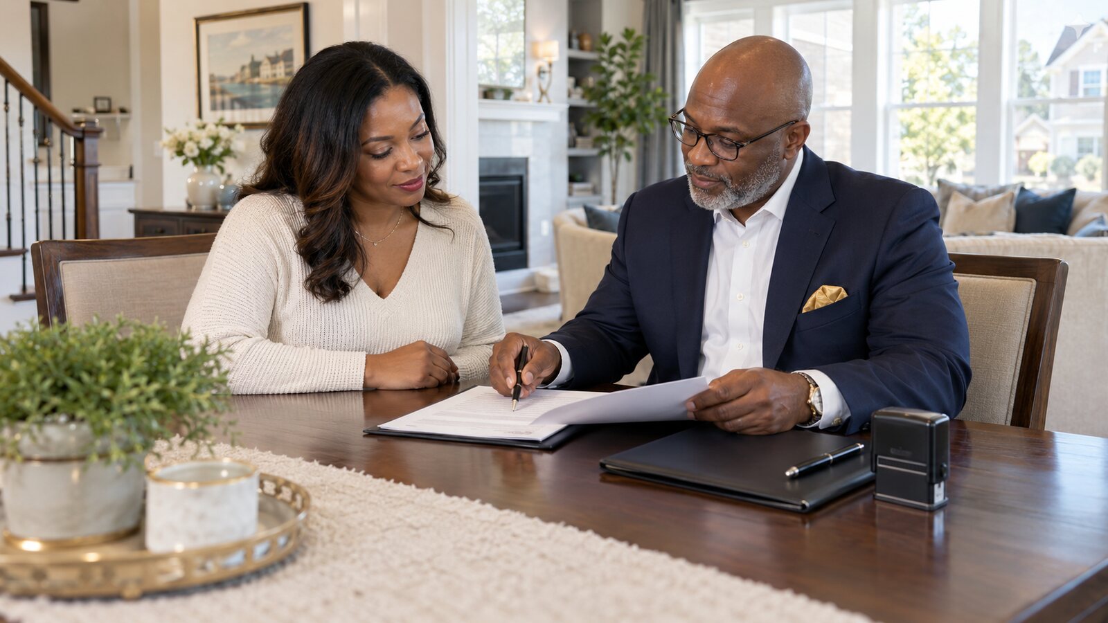 A professional mobile notary reviewing documents with a client at her home