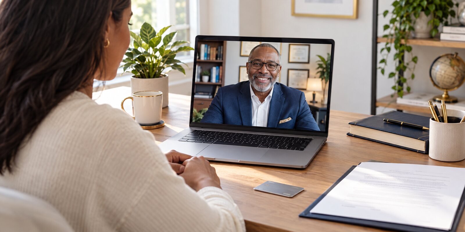 A client meeting securely with a remote online notary through a laptop video appointment